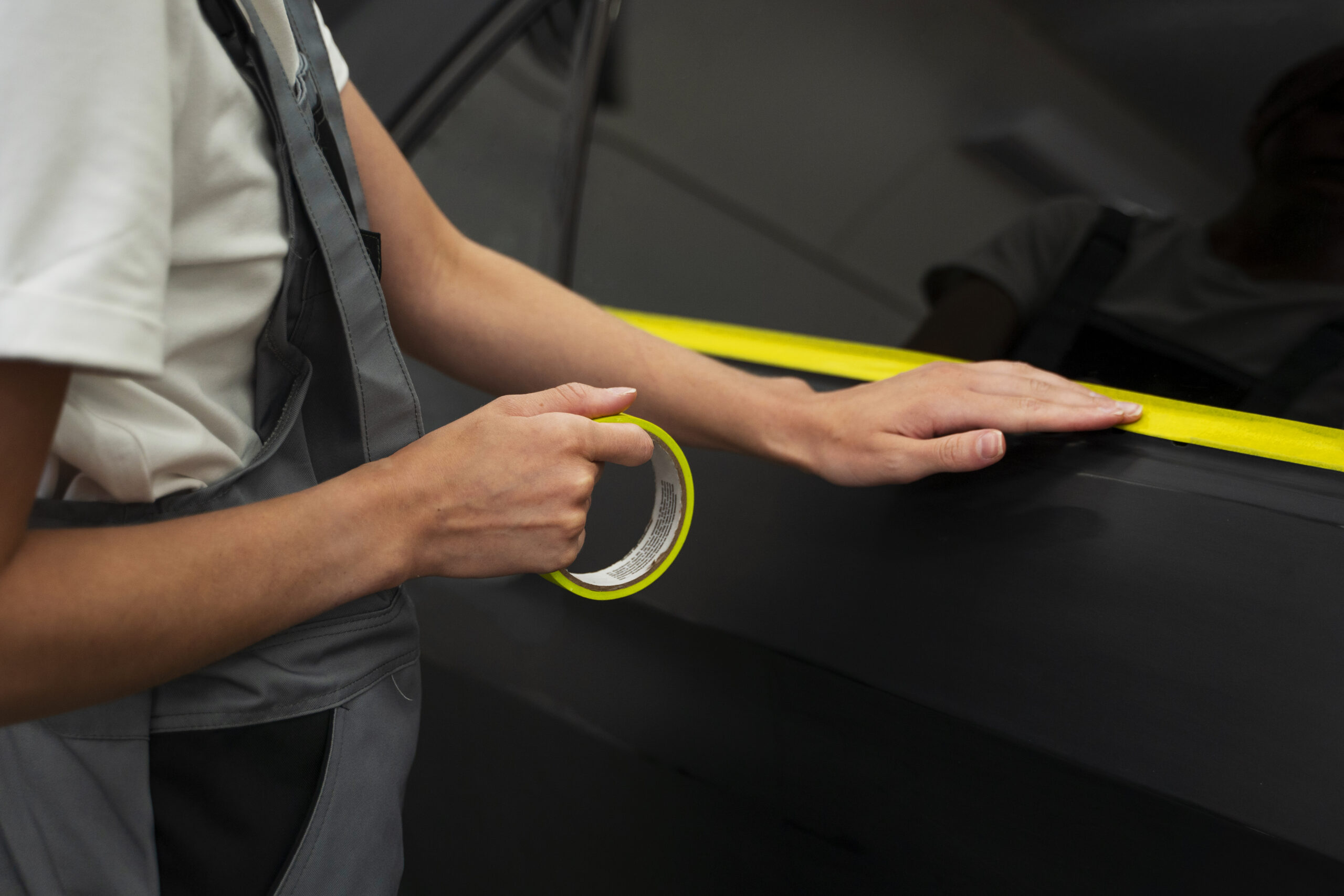 Een specialist brengt een matte zwarte folie aan op een auto bij Vino Automotive – het proces van auto wrappen.